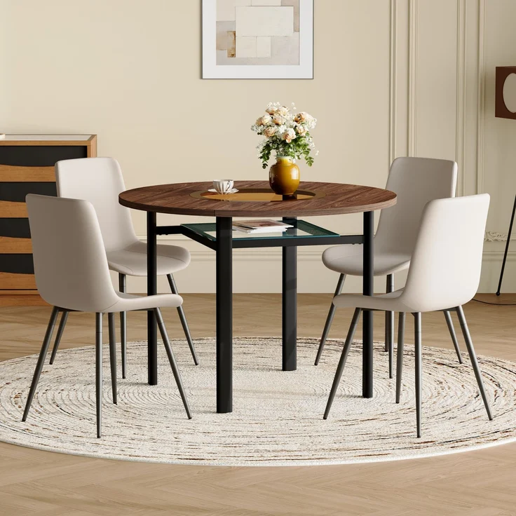 Esstisch-Set 76x100x100 cm in Braun/Schwarz mit Glasintarsie und 4 PU-Sesseln in Warmgrau – Bild 1