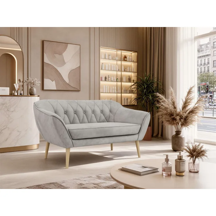 Polstersofa PIRS 2 Skandinavisches Sofa 2-Sitzer, Sofa mit Wellenfederung, Breite 140 cm, Buche Füße Hoher Sitzkomfort - Hellgrau Velvet