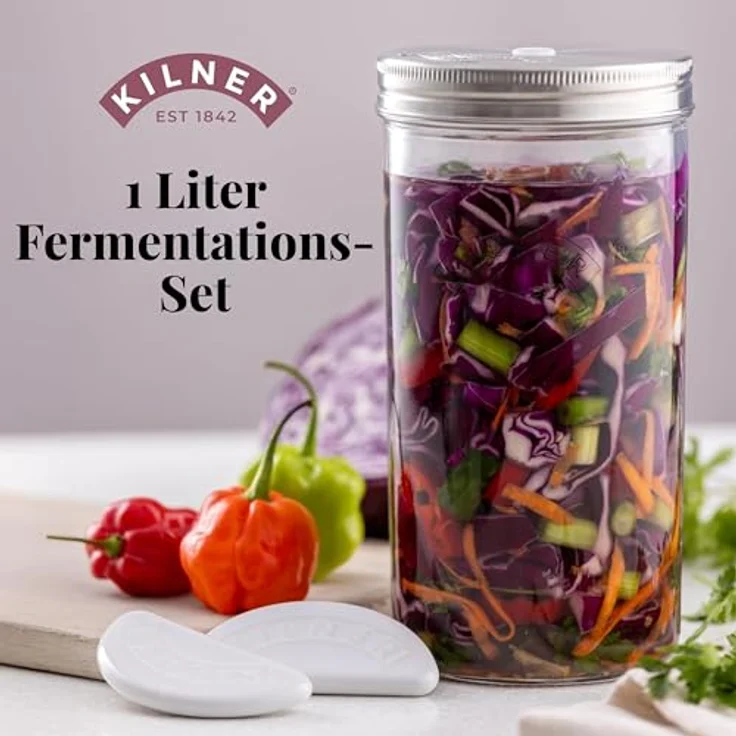 Kilner Fermentier Set / 1 Liter Glas mit Gärungsdeckel/einfaches Haltbarmachen von Gemüse/Fermentieren Starter Set/Konservieren von Gemüse, wie Sauerkraut und Kimchi/Einmachglas 1l – Bild 3