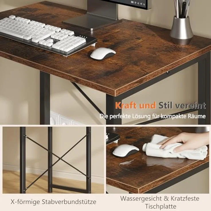 Sweetcrispy Schreibtisch, Kleiner Tisch 80 x 50 x 75.4cm (31in), Computertisch Metallgestell‌, Bürotisch für Arbeitszimmer, Schlafzimmer, Wohnzimmer, Study Table Desk, Braun – Bild 6