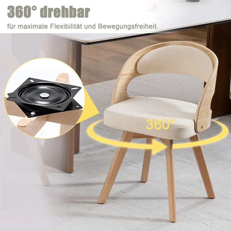 LVHOM Esszimmerstuhl 360° drehbar, 2er Set, Polsterstuhl aus Leinen und Massivholz, Küchenstuhl gepolstert, ergonomischer Schalenstuhl mit Armlehne, bis 150 kg – Bild 3