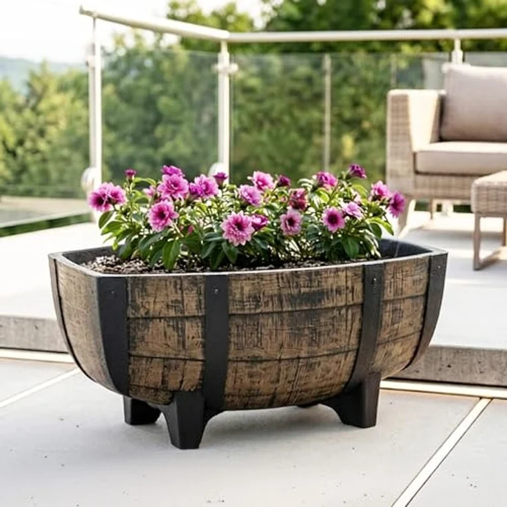 Spetebo Blumentopf Pflanzschale in Eichenfass Optik mit Drainageboden (Anzahl, 1 St, 41 x 30 cm), Blumenschale aus Kunststoff im Design eines halben Eichenfasses – Bild 6
