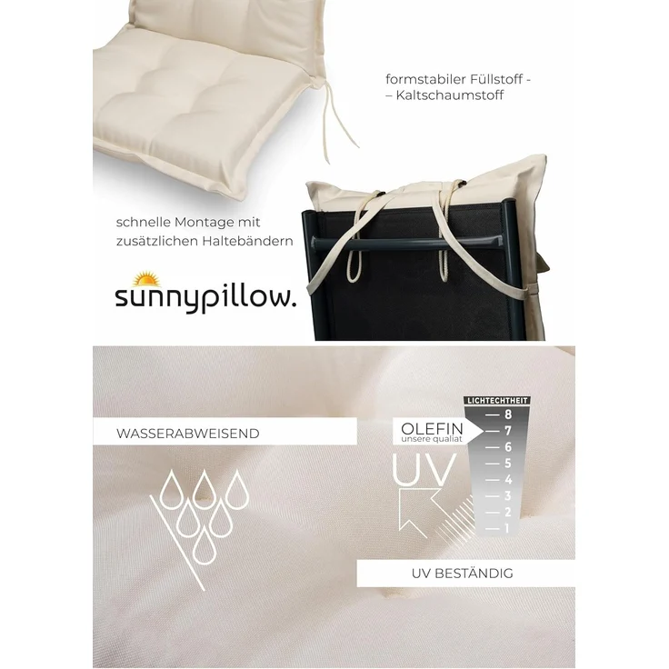 sunnypillow 2er Set Gartenstühle und Gartenstuhlauflagen Hochlehner | 120 x 50 x 9 cm Hochlehner Auflage wasserdicht UV-lichtecht | Klappstuhl für Garten Polsterauflagen Stuhlauflage | Cremefarben – Bild 4