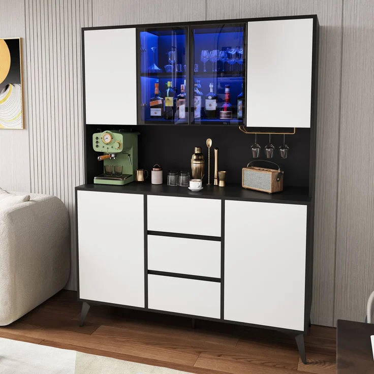 Hochschrank, Vitrine, Anrichte, Sideboard, Esszimmerschrank, Wohnzimmerschrank, Schwarz-Weiß Optik, Küchenschrank, Vitrine mit Glasfront,3 Schubladen, goldener Gläserhalter, per App farbverstellbare L--Schwarz, Weiß--120x40x160cm--YOUDENOVA – Bild 4