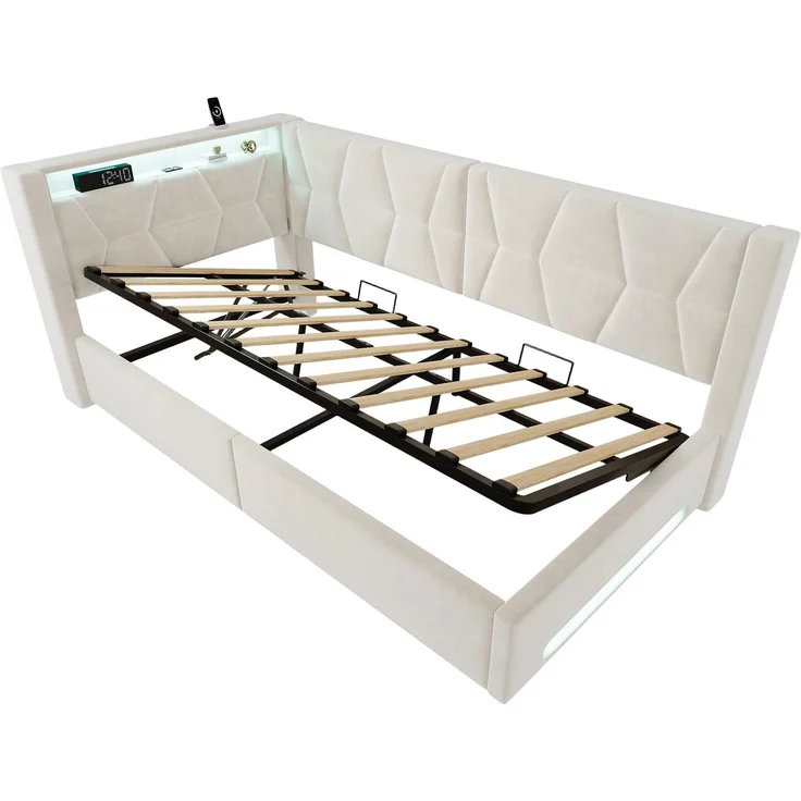 LVHOM Einzelbett 90x200 cm mit Stauraum, Polsterbett mit LED, USB und Type-C, Jugendbett, Hydraulischem Bettgestell, Samt, Beige – Bild 2