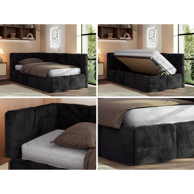 Jugendbett 90x200 ARVO Polsterbett mit Bettkasten, Stauraum & Gasdruckfeder, Modernes Design mit Kopfteil, Pocket Matratze - Schwarz Plüsch - VIRE LUX - Links Seite – Bild 2