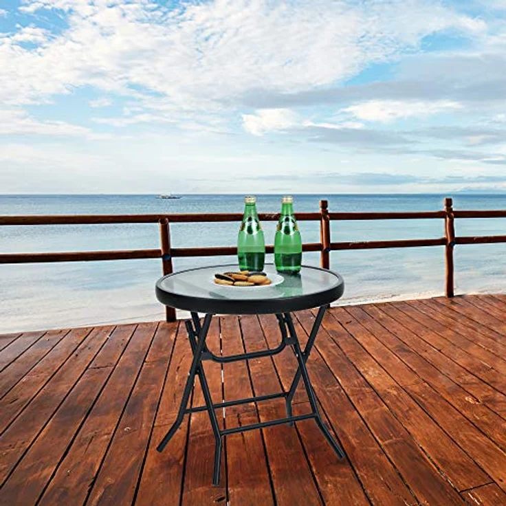 PHI VILLA Klappbar Runder Beistelltisch Glas aus Metall Gartentisch Kaffeetisch Klein Balkontisch wetterfest pflegeleicht für Balkon Garten Terrasse Wohnzimmer – Bild 3