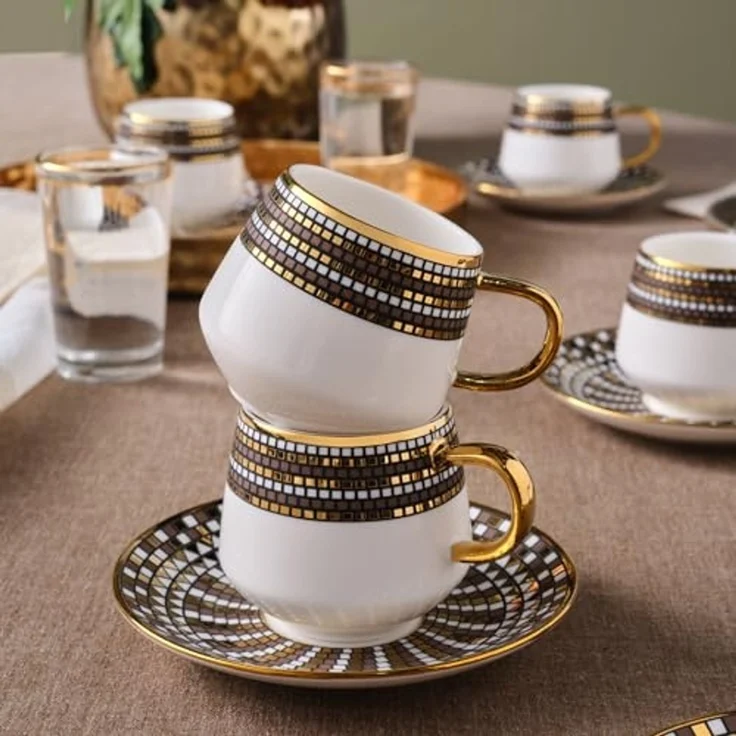 Karaca Kaffeeservice Karaca Belgin 90 ml Kaffeetasse mit Untertasse Set 6 Personen, Braun – Bild 2
