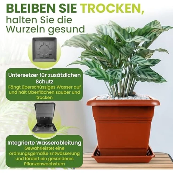 Centi Pflanzkübel Blumentopf Gross, Pflanzentopf Groß Außen Blumentopf mit Untersetzer (Set, 6 St, 40x40 cm aus Kunststoff in Terracotta), Pflanzkübel, Blumenkübel, Made in DE – Bild 6