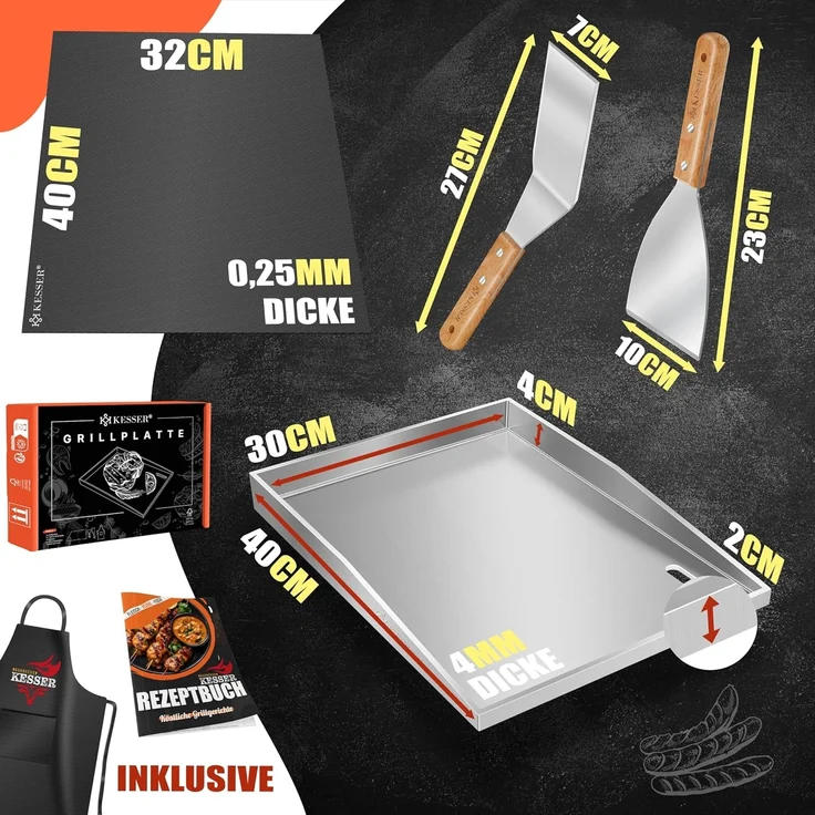 KESSER® Grillplatte Plancha aus Edelstahl 40x30cm rostfrei mit Fettablauf, hitzebeständig bis 800°C & Spülmaschinenfest für Gas & Holzkohlegrill inkl. 2 Spatel, Grillschürze, Grillmatte & Rezeptbuch Weiß, Plancha – Bild 7