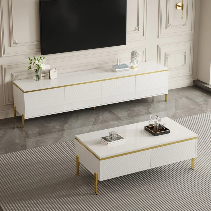 JARDJ Modernes Luxus-TV-Schrank- und Couchtisch-Set , Hochglänzende Oberfläche in Unifarbe , Goldene Kanten , Großzügiger Stauraum – Bild 9