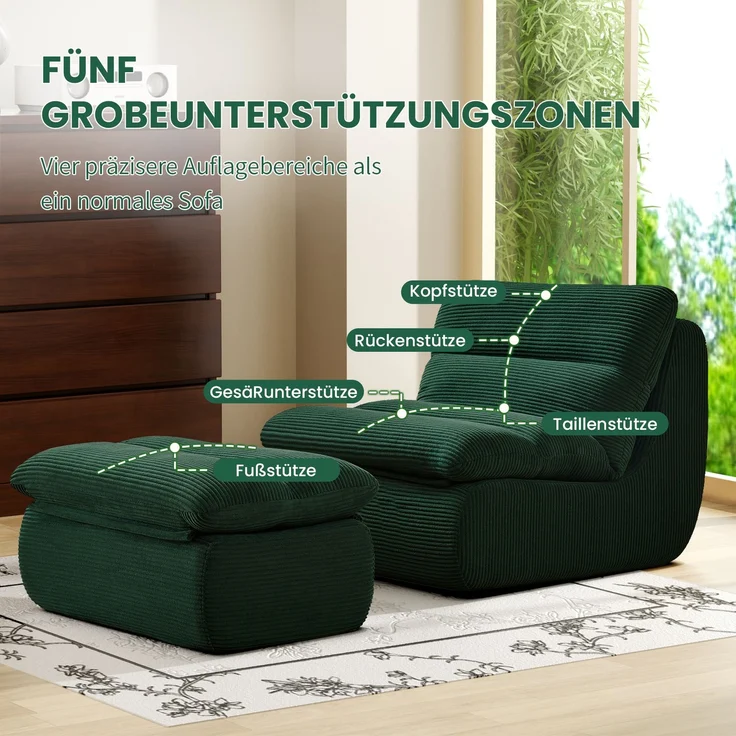Beanbag Sofa aus Cord mit Fußhocker, 101x81x75 cm, Grün – Bild 10