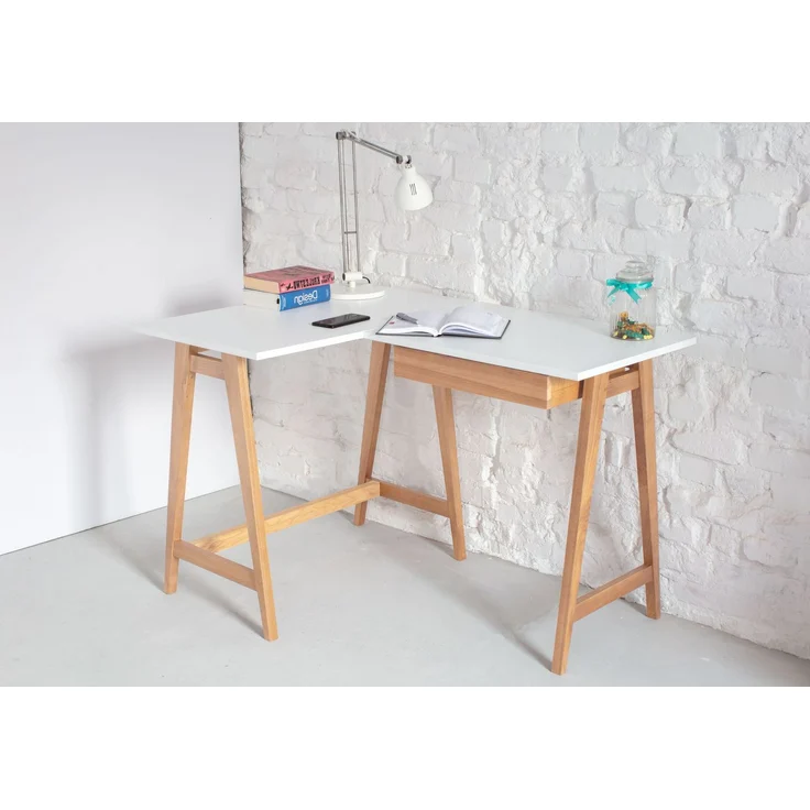Ragaba Eckschreibtisch mit Schublade und Fußstütze, MDF & Massives Eschenholz, 115x85 cm, Weiß, Links – Bild 3
