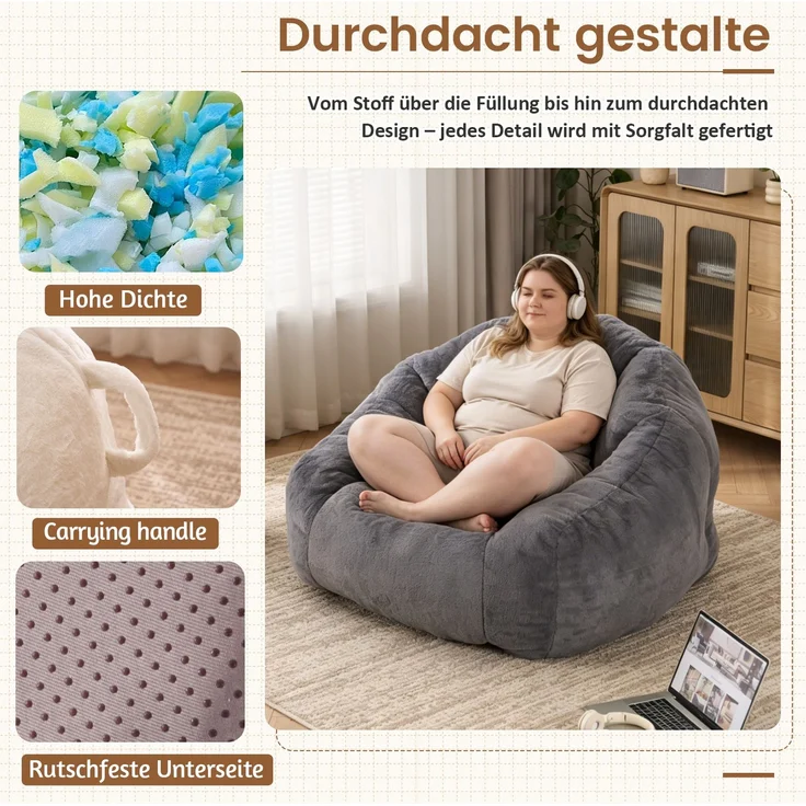 Sitzsack für Erwachsene, flauschiger Loungesessel aus Kunstfell, vakuumverpackt und montagefrei, für Wohnzimmer, Schlafzimmer, Balkon - Groß(Hellgrau)--Herde--111x123x75cm--YOUDENOVA – Bild 5