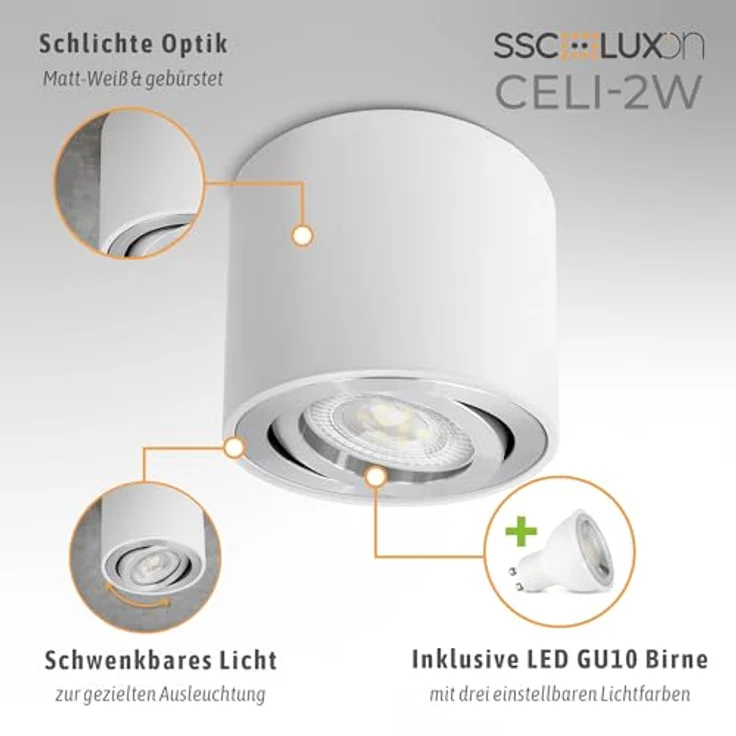 SSC-LUXon CELI-2W LED Spot rund Weiß, schwenkbar mit GU10 5W LED Birne, 3 Lichtfarben LumiFLEX, 230V – Deckenspot für Innenräume – Bild 3