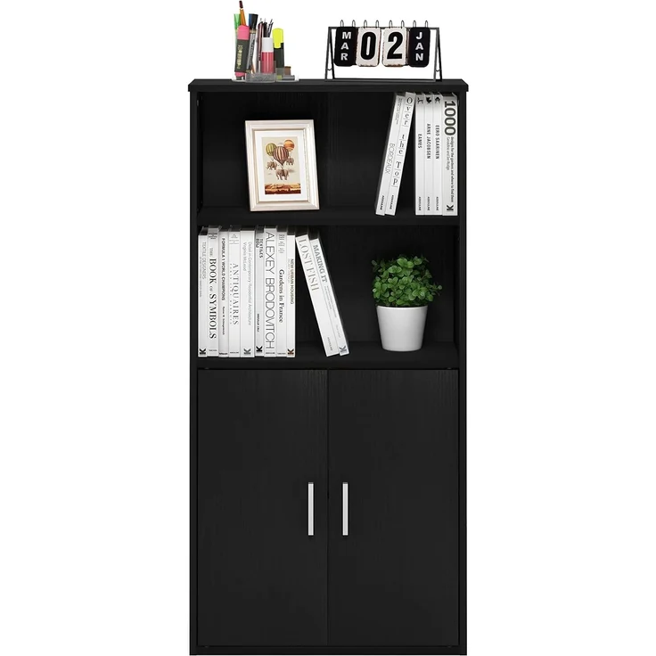Furinno Pasir Bücherregal mit 2 Offenen Einlegeböden und 2 Türen, Schwarze Eiche – Bild 4