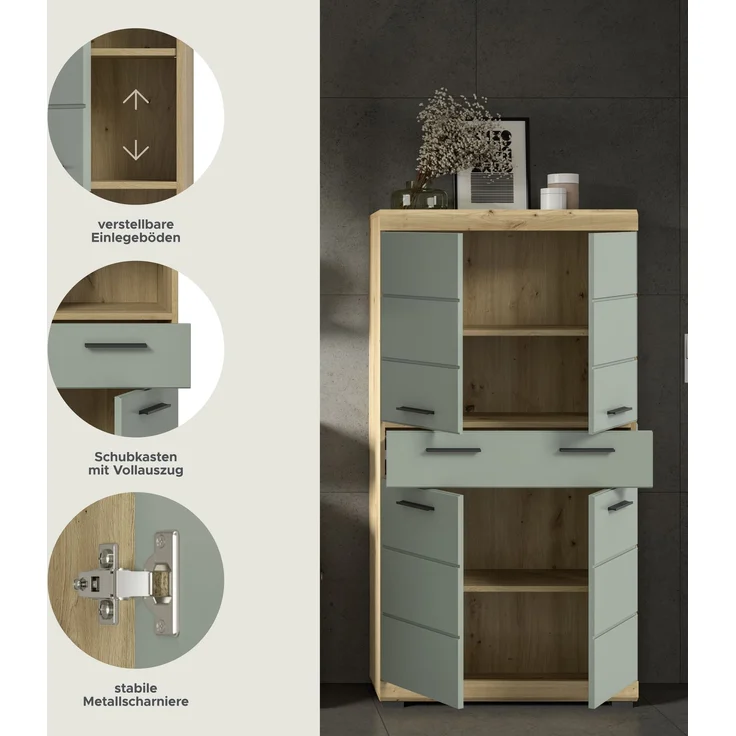 Xonox Scout Badmidischrank (B/H/T: 74x141x31 cm) in Salbei und Artisan Eiche Nachbildung – Bild 9