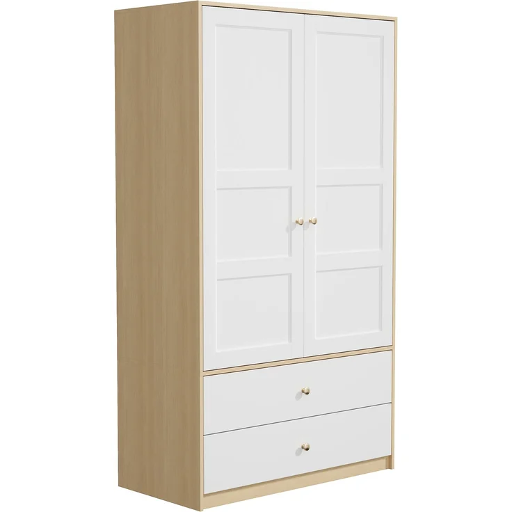 ZUBALIYA Doppeltüriger Kleiderschrank, 2-türiger Kleiderschrank, mit 2 Schubladen und Kleiderstange, Schlafzimmermöbel, Garderobenschrank, Kleiderschrank mit Kleiderstange, 100 x 48 x 180 cm,Weiß und Holzoptik – Bild 11