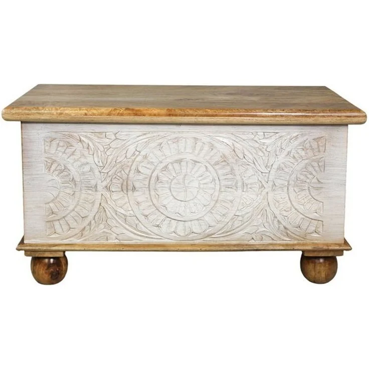Oriental Galerie Truhe Indische Truhe Schnitzerei natur weiß 80 cm, Holztruhe, Couchtisch, Shabby Chic – Bild 4