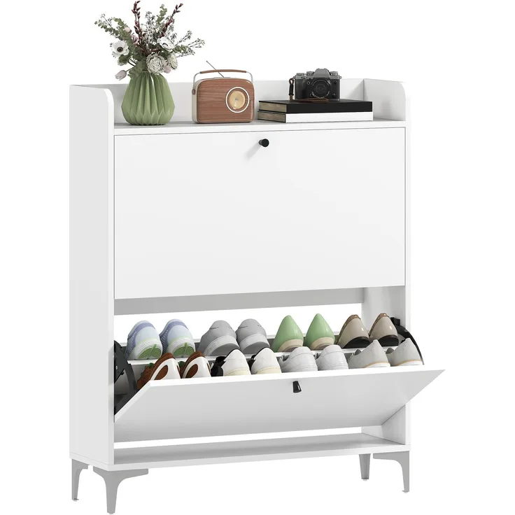 Mobiler Schuhschrank „Slim“ mit 2 Klappschubladen und verstellbaren Einlegeböden, aus Holz und Metall, 80 x 24 x 101 cm, Weiß
