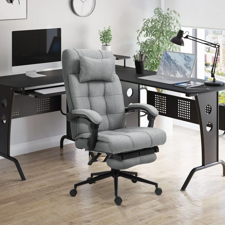 Bürostuhl Erogonomischer Schreibtischstuhl mit Liegefunktion, Kopfkissen, Armlehne, höhenverstellbarer Drehstuhl mit Fußstütze Leinenoptik Hellgrau--Hellgrau--120x76x66cm--YOUDENOVA – Bild 4