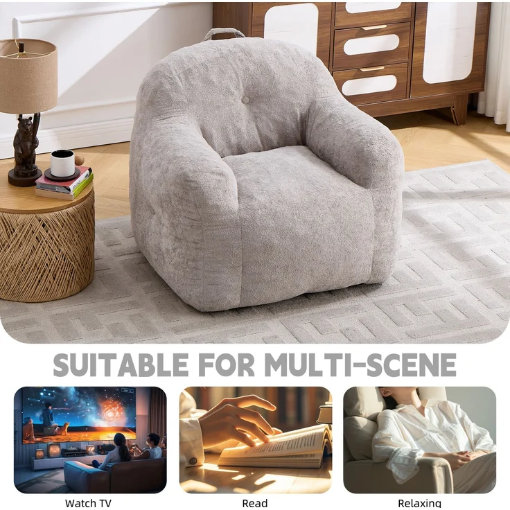 Sitzsack mit Füllung aus Schaumstoffflocken, Kunstfell-Sitzsacksofa mit Armlehnen, für Wohnzimmer, Schlafzimmer und Leseecke, keine Montage erforderlich, Hellgrau – HELLGRAU – 95 x 95 x 79 cm – YOUDENOVA – Bild 6
