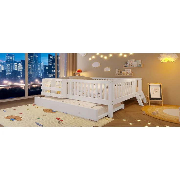 ZUBALIYA Holzbett 140 x 200 cm – Ausziehbett, flexible Montage, Geländer, MDF, Kiefer, Weiß – Bild 12
