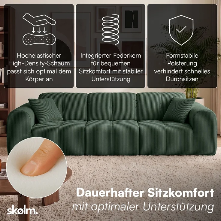 skølm 'Vanaheim' Sofa 3 Sitzer mit 2 Kissen, Cloud Sofa dunkelgrün, Cord, Vollschaumcouch mit Federkern und Vakuum-Kompression, kein Aufbau erforderlich – Bild 2