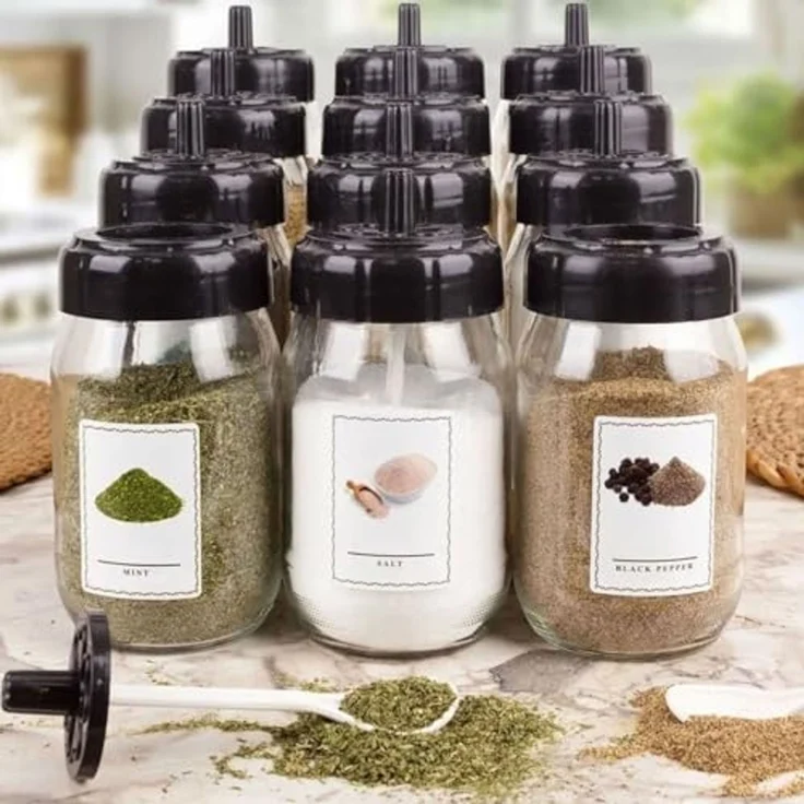 Jungengel Gewürzbehälter Gewürzdosen Set Glas 12-Teilig 330ml Gewürzgläser inkl. 12x Löffel, Glas mit Kunstoff-Deckel & Löffel (BPA-Frei), (12-tlg, 12 Gewürzgläser, jeweils mit einem speziellen Löffel), Transparentes Glas, Spülmaschinenkomform, Lebensm... – Bild 6