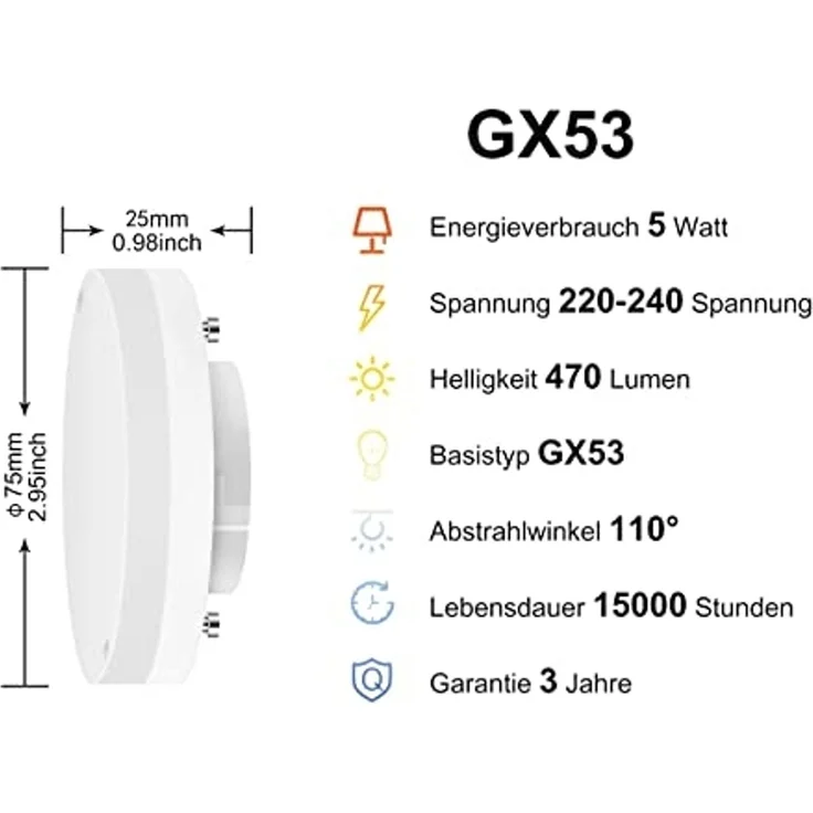 LVWIT GX53 LED Lampe 5W Warmweiß, GX53 Leuchtmittel Nicht Dimmbar, Kein Flimmern, Ersatz 40W Glühbirne, 470Lumen, 3000K, 110 Grad, CRI> 80, Einbaustrahler GX53 für Schrankleuchten, 4er Pack – Bild 2