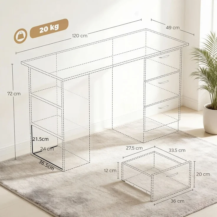 Computer Schreibtisch,Funktionales Büro Schreibtisch,Schlafzimmertisch,Spieltisch(nur mit Spieltisch)--Schwarz--120x49x72cm--YOUDENOVA – Bild 2