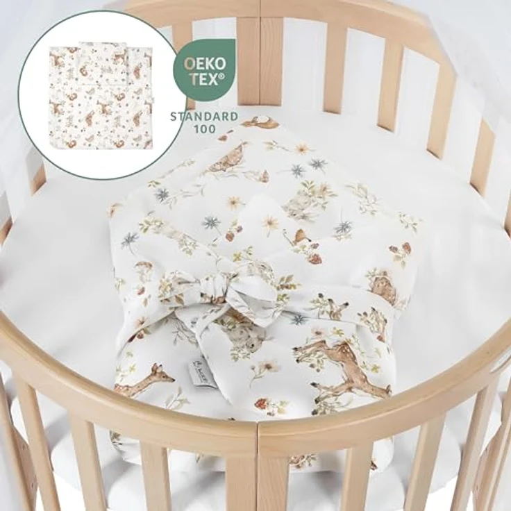Waldin Oval Baby-Bett Mitwachsend Komplett Set 7in1, Gitterbett, Kinderbett mit Matratze, Wickelkommode, Beistellbett, Holz Natur, Stoffe Weiß Tiere – Bild 4