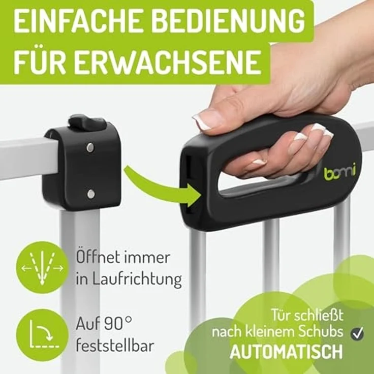 BOMI Türschutzgitter Treppenschutzgitter Merle Flatstep, Babygitter flacher Steg, 63-217 cm (verschiedene Größen, klemm- & verschraubbar), 2-Wege-Öffnung, geprüftes Kindergitter, extra breiter Durchgang – Bild 7