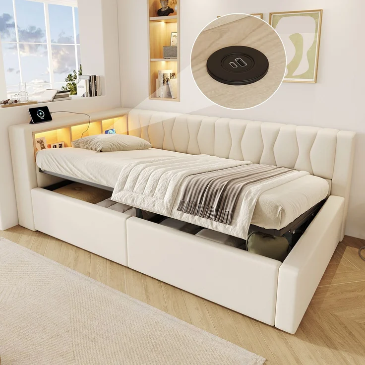 Daybett, Tagesbett, Schlafsofa,90x200cm, Ohne Matratze, Hydraulische Lagerung, mit dimmbarer LED-Leiste, mit praktischem Regal, mit USB-Anschluss, Beige – Bild 1