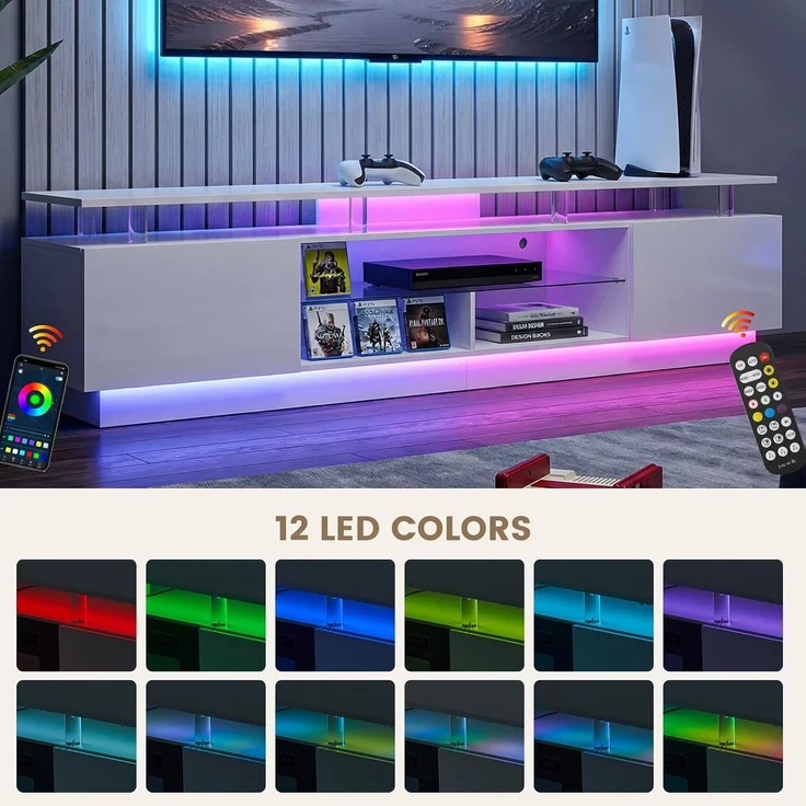 Aoxun 200 cm Fernsehstand, mit 2 Seitenkabinett, Moderner Stilvoller TV-Console mit LED Leuchten, Gaming-Fernseh-Medienconsole mit Verstellbarem Glasregal, Fernbedienung & APP-Steuerung, Weiß – Bild 3