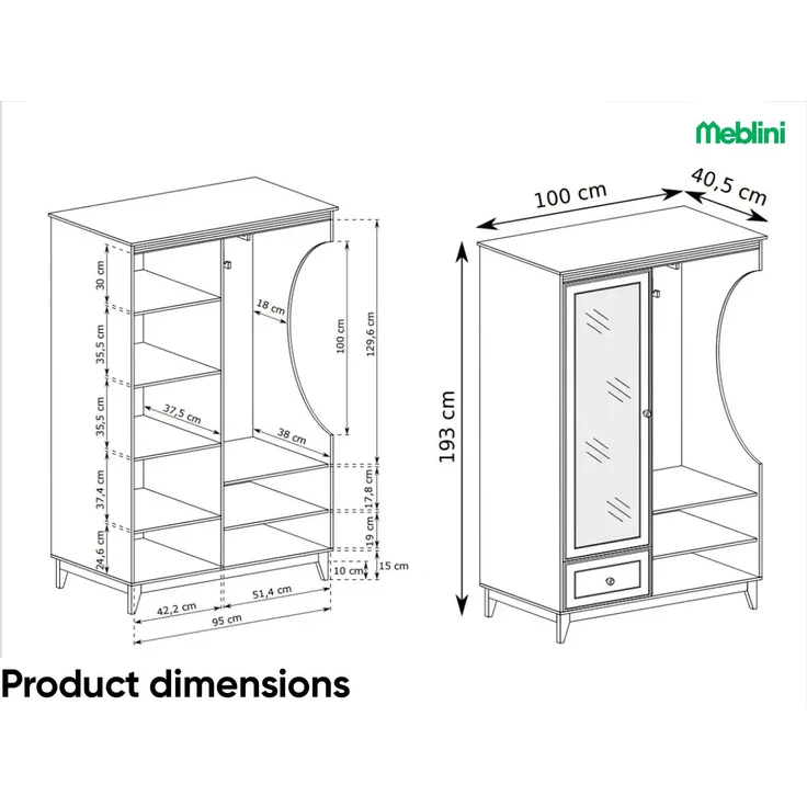 MEBLINI Garderobenschrank Flur mit Spiegel - TUDOR - 100x40,5x193cm – Kaschmir - Garderobe Schrank - Flurgarderobe schmal - Garderobe Flur Möbel Set - Flurschrank hoch – Bild 6