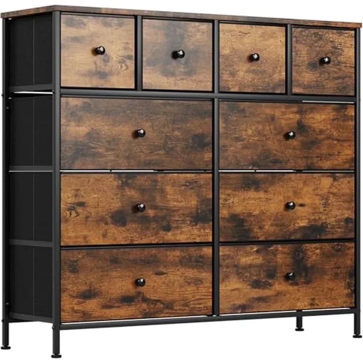 Clevich Kommode mit Schubladen, mit 10 Stoffschubladen, Holzplatte, Metallgestell, Geeignet für Schlafzimmer, Wohnzimmer, Kinderzimmer, Büro, Flur, Diele (Retro braun+schwarz, 1 Stück)