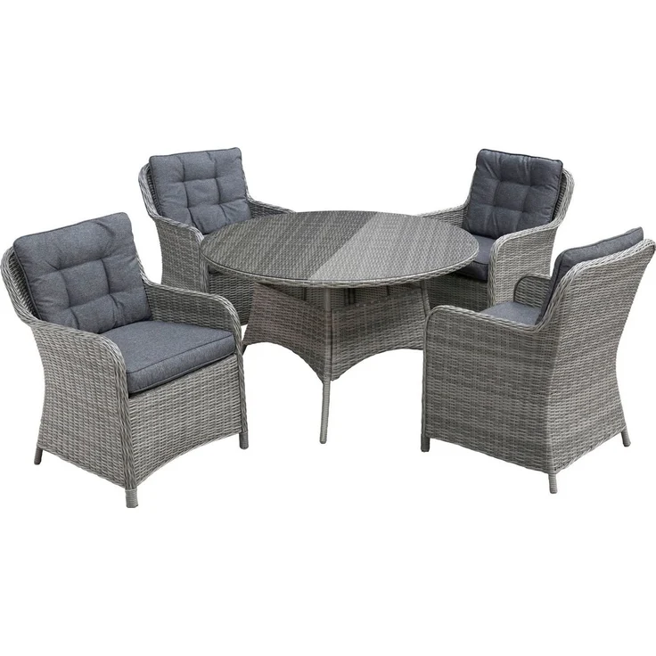 KONIFERA Garten-Essgruppe Menorca, (Set, 13-tlg, 4x Sessel, 1x Tisch ØxH: 120x75cm, inkl. Auflagen), Polyrattan, Aluminium, Tischplatte aus 5mm starkem Sicherheitsglas – Bild 1