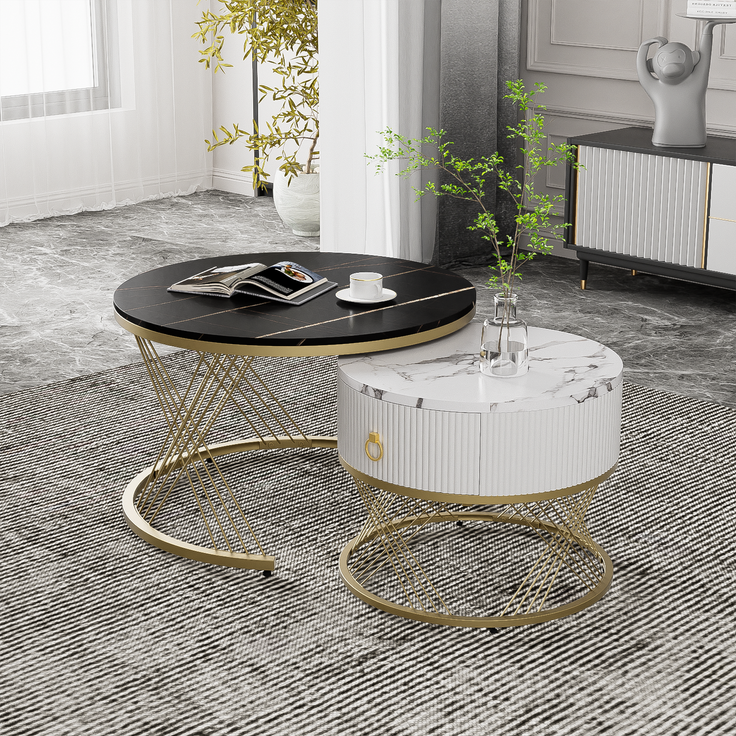 Couchtisch 2er Set 70×70+50×50 cm, Beistelltisch mit Schublade, Sofatisch in Marmoroptik Schwarz – Bild 2