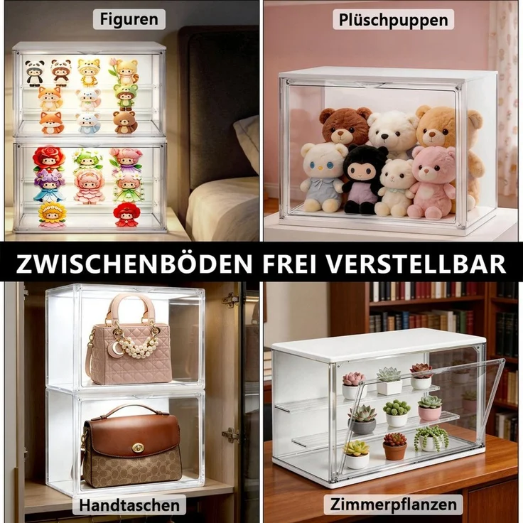XERSEK Aufbewahrungsbox 3 Ebenen LED Vitrine Displaybox mit Steckboden & Magnettür Organizer (Set, 4 St, 36×22×18cm Stapelfähig), für Figuren/Spielzeug/Blind Box/Modellautos/Sammelfiguren – Bild 2