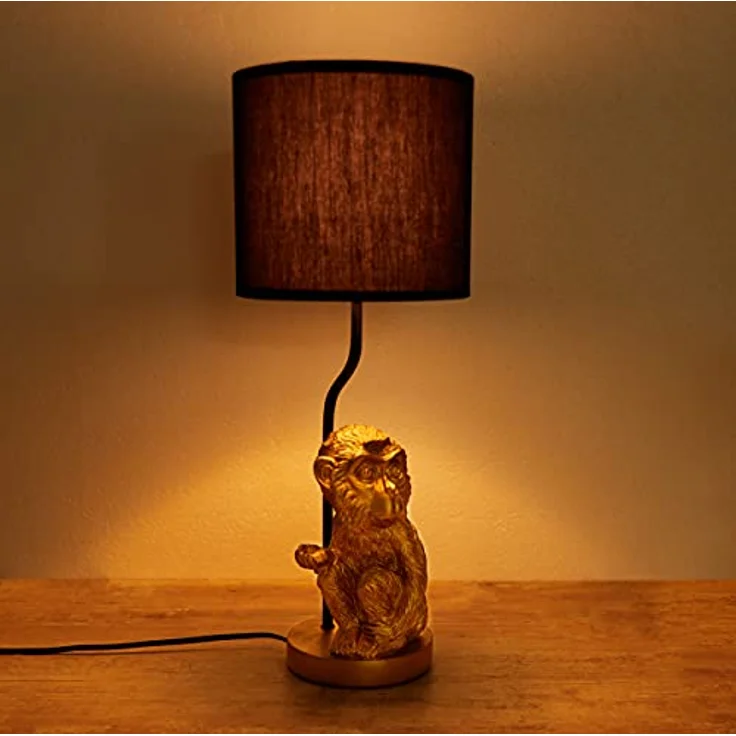 BRUBAKER Tisch- oder Nachttischlampe Kleines Äffchen, Keramikfuß mit Stoffschirm, 52 cm Höhe, Gold Schwarz – Bild 3