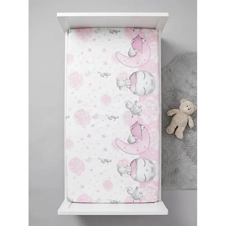 TupTam Spannbettlaken Baby, für Babybett/Kinderbett, 2er Pack, Mond mit Elefant / Rosa / Sterne / Grau, 60 x 120 cm – Bild 4