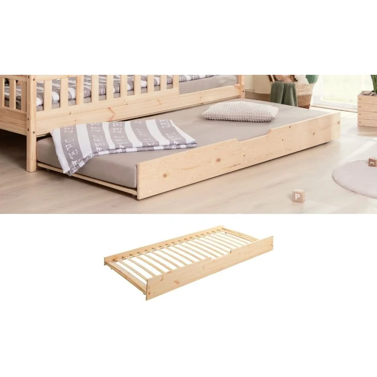 Ticaa Hausbett Lou mit Rausfallschutz und Zusatzbett, aus Kiefer, - Hausbett mit abnehmbaren Dachaufbau - Inkl. Rollrost – Bild 2