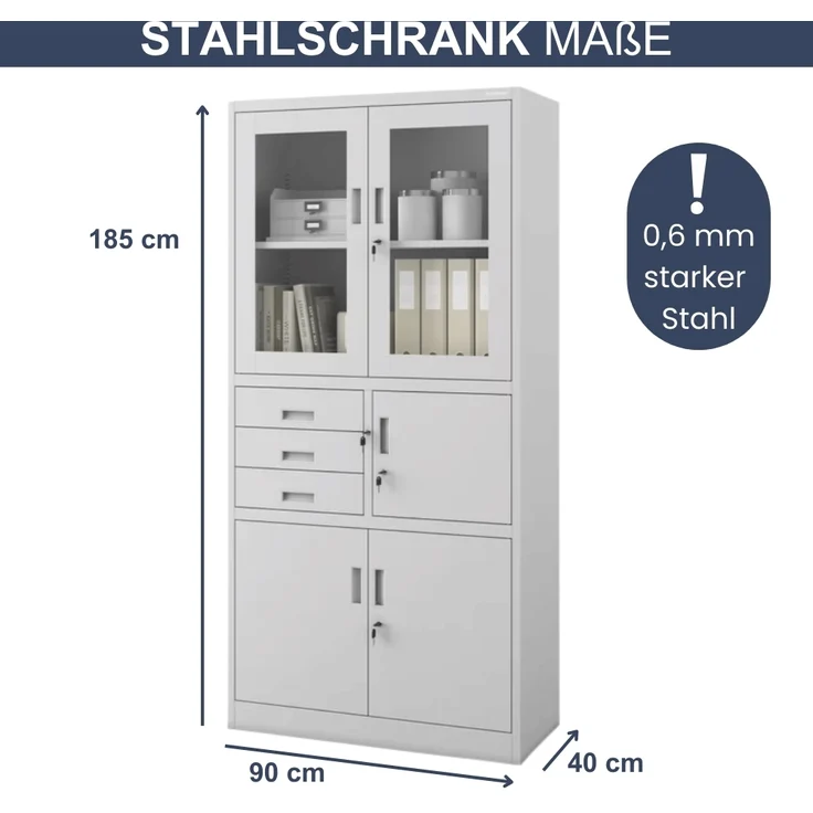 Vitrinenschrank abschließbar GEDO - mit Tresor & Schubladen| Büroschrank aus Stahl Aktenschrank mit Glasfenster Metallschrank Mehrzweckschrank, 185x90x40cm Grau – Bild 2