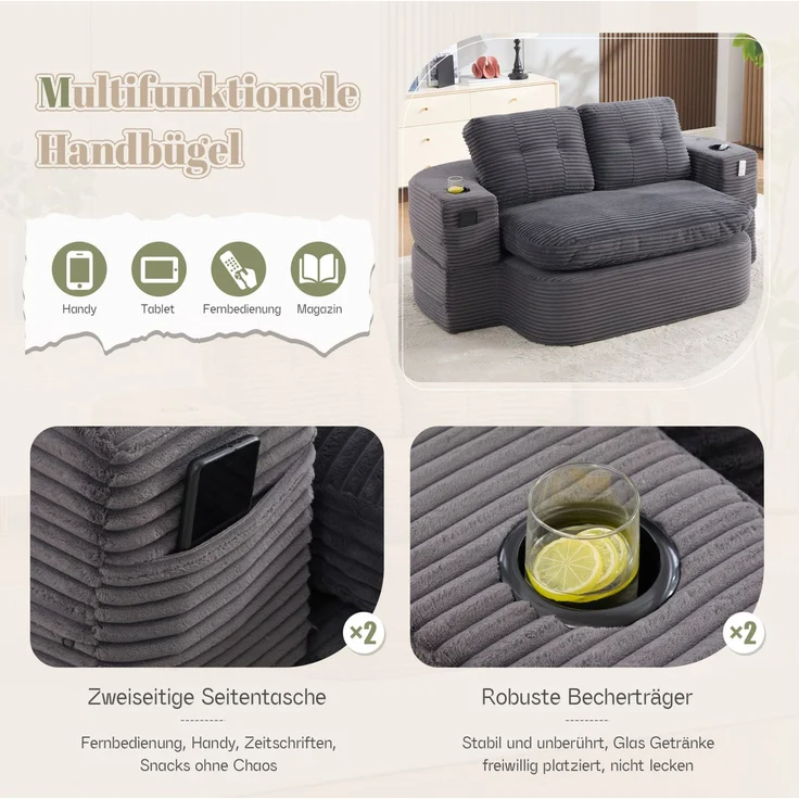 Schlafsessel 2-in-1 in Dunkelgrau 165cm×97cm×61cm mit Liegefunktion und doppelten Getränkehaltern – Bild 10