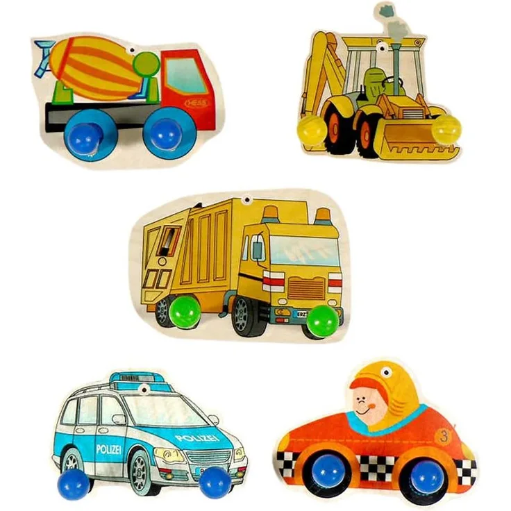 Hess Holzspielzeug 30314 - Garderobe aus Holz, Serie Fahrzeuge, 5 teiliges Set, mit je 2 Haken, für Kinder, handgefertigt, ca. 12 x 9 x 6,5 cm groß, als Blickfang in jedem Kinderzimmer und Flur