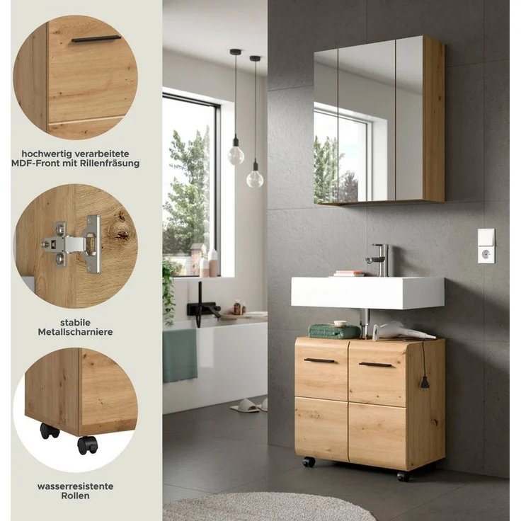 welltime Badmöbel-Set FLORENZ, 2-tlg. Bad-Kombination, hochwertige MDF-Front, (3-St, best. aus: 1 Spiegelschrank, 1 Waschbeckenunterschrank), Bad-Kombination, Bad-Möbel, Badezimmer, Kombination, Kombi – Bild 3