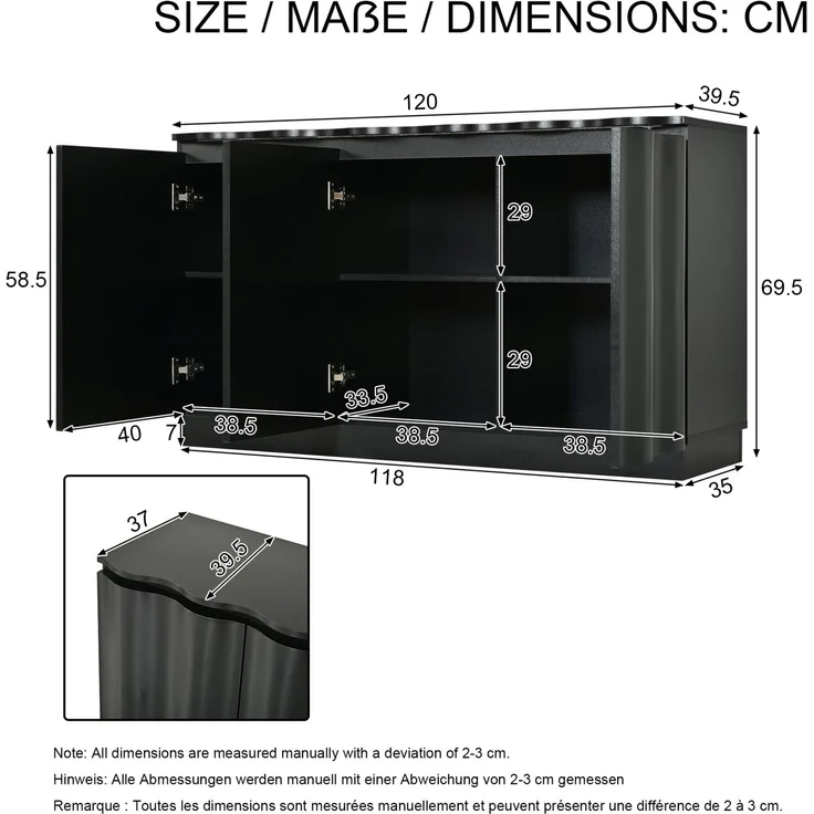 Sideboard 120x39,5x69,5 cm in Schwarz mit 3 Türen, LED-Beleuchtung und verstellbaren Einlegeböden – Bild 4