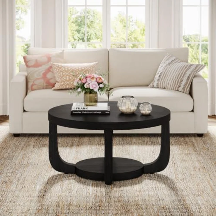 LITTLE TREE Runder Couchtisch 80 cm, 2-stöckiger Wohnzimmertisch mit Ablage | Landhausstil Kaffeetisch, Holz‑Optik Tisch für Wohnzimmer, Schlafzimmer und Lounge, Schwarz – Bild 9