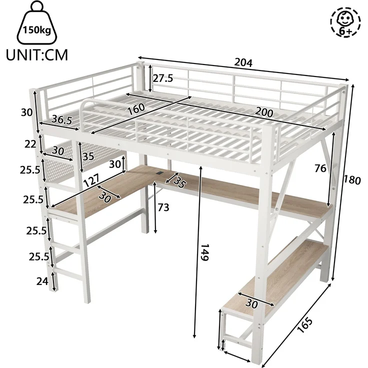 EINHOM Hochbett, 160 x 200cm, Eisenrahmen, Schreibtisch, Geländer, Trittleiter, mehrere Ablagen, mit usb+type-c Steckdose, mit LED Leiste, mit Lochbrett, ohne Matratze, Weiß – Bild 2